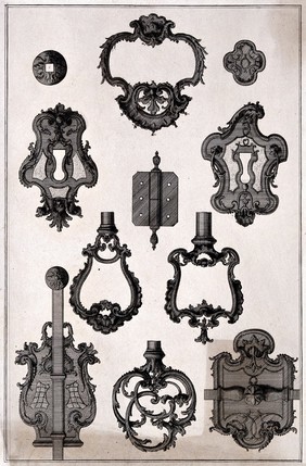 Architecture: various highly wrought designs for door furniture. Engraving.