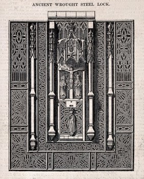 Architecture: a lock with gothic ornament. Wood engraving after E. H..