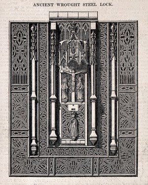 view Architecture: a lock with gothic ornament. Wood engraving after E. H..