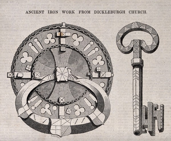 Architecture: a lock and key with gothic ornament. Wood engraving by C. D. Laing.