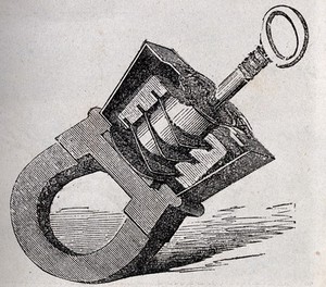 view Technology: a Russian padlock and key. Wood engraving.