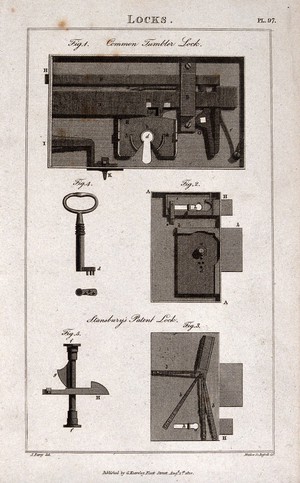 view Locks: details of two types of lock. Engraving by H. Mutlow after J. Farey.