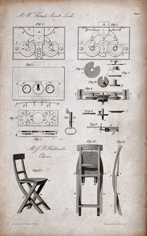 view Technology: a lock (top) and a chair (below). Engraving by J. Taylor after C. Varley.