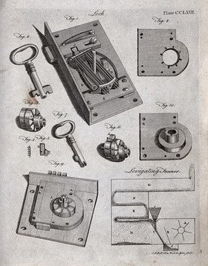 view Technology: details of a lock mechanism. Engraving by A. Bell.