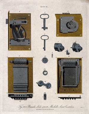 view Technology: section and elevation of the Bramah and Marshall locks. Coloured engraving by J. Pass, 1813.