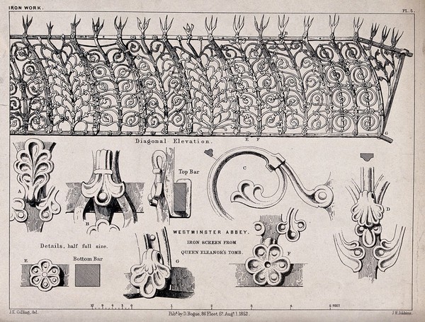 Architecture: decorative ironwork. Lithograph by J. R. Jobbins, 1852, after J. F. Colling.