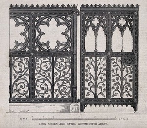 view Architecture: decorative ironwork at Westminster Abbey. Wood engraving.