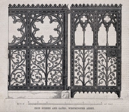 Architecture: decorative ironwork at Westminster Abbey. Wood engraving.