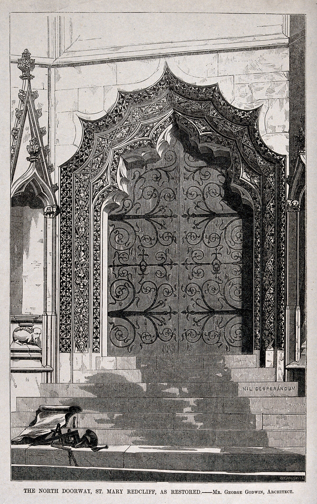 Architecture: a restored carved doorway at St. Mary Redcliffe, Bristol. Wood engraving by W. E. Hodgkin, 1853, after G. Godwin., 1853, by George Godwin