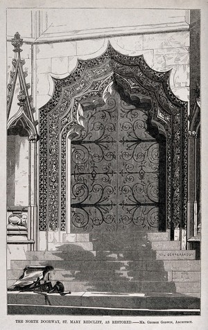 view Architecture: a restored carved doorway at St. Mary Redcliffe, Bristol. Wood engraving by W. E. Hodgkin, 1853, after G. Godwin.