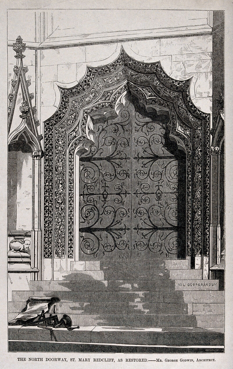 Architecture: a restored carved doorway at St. Mary Redcliffe, Bristol. Wood engraving by W. E. Hodgkin, 1853, after G. Godwin., 1853, by George Godwin