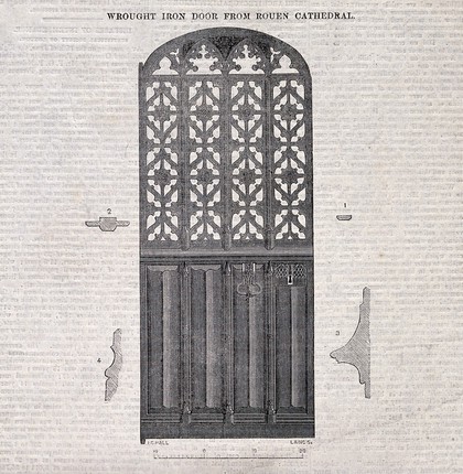 Architecture: decorative iron door at Rouen Cathedral. Wood engraving by C. D. Laing after J. C. Hall.