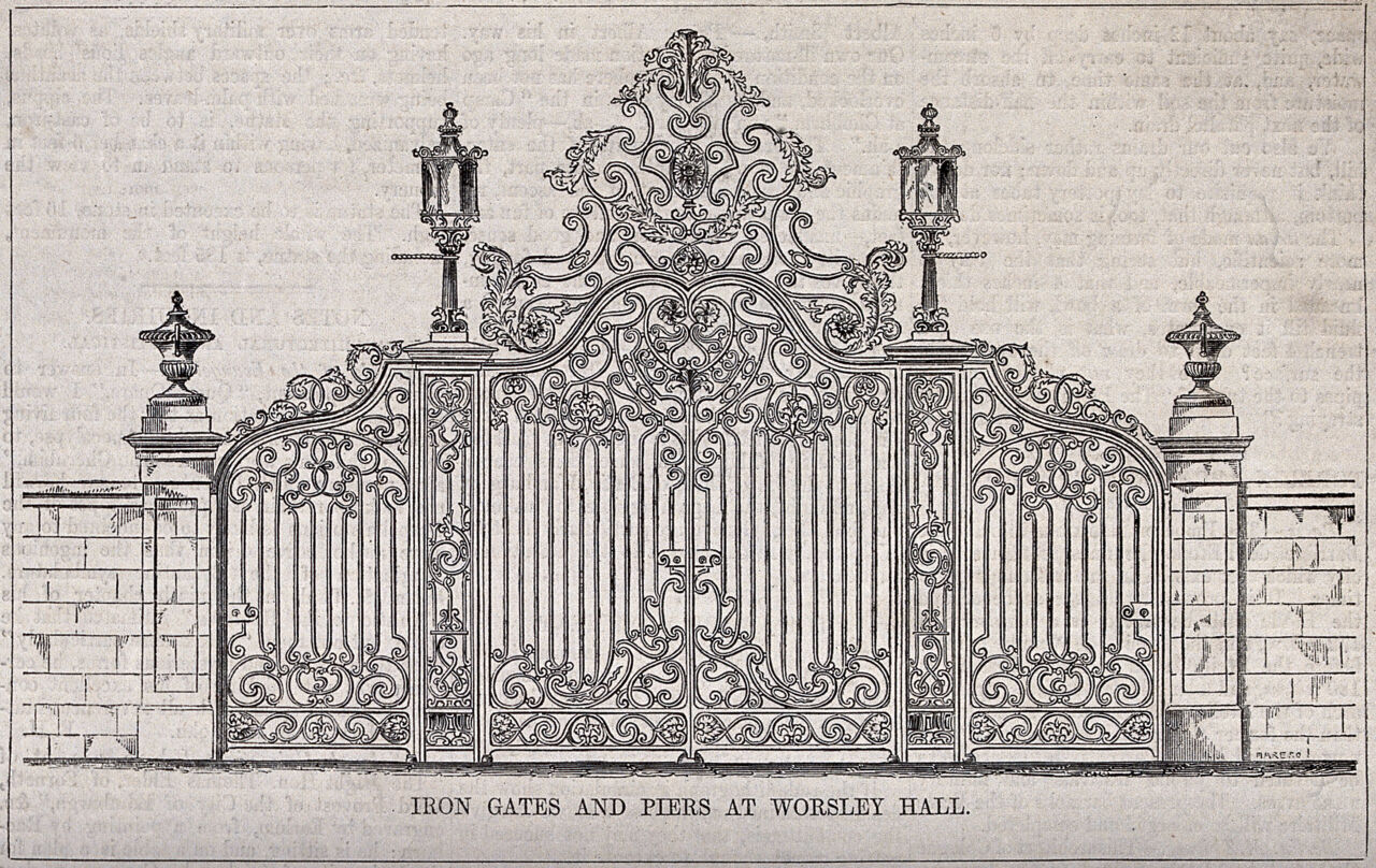 Architecture: decorative iron gates at Worsley Hall, Lancashire. Wood engraving after E. Blore., 1850, by Edward Blore
