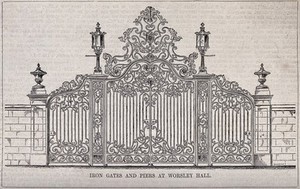 view Architecture: decorative iron gates at Worsley Hall, Lancashire. Wood engraving after E. Blore.