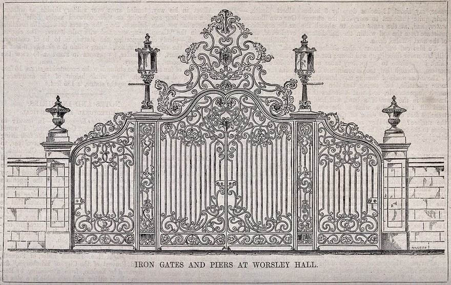 Architecture: decorative iron gates at Worsley Hall, Lancashire. Wood engraving after E. Blore.