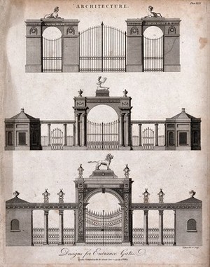 view Architecture: three designs for gates to country houses. Engraving by J. Pass, 1797, after himself.