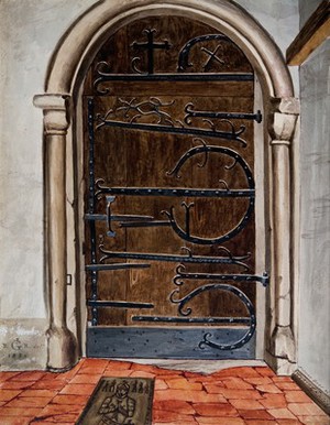 view Architecture: a church doorway with wrought ironwork at Woking, Surrey. Watercolour painting by [R J G R], 1851.