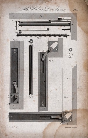 view Technology: a door-closing mechanism. Engraving by J. B. Taylor after C. Varley.