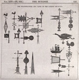 view Ironwork: weathercocks seen on various London buildings. Wood engraving, 1855.