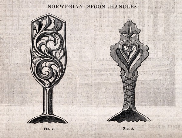 Woodwork: two spoon handles with carved folk ornament. Wood engraving by C. D. Laing, 1850.