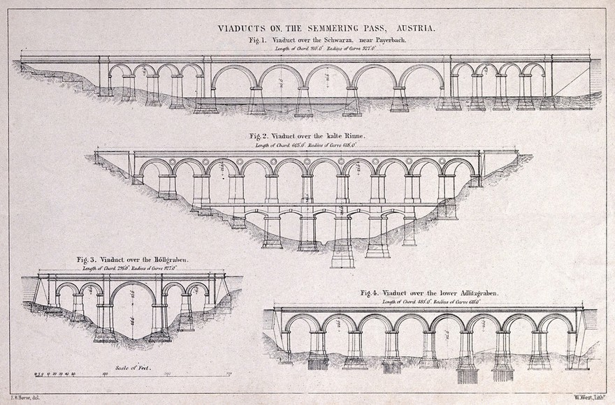Civil engineering: viaducts in Austria. Lithograph by W. West after F. H. Horne.