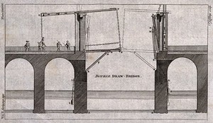 view Bridges: a double drawbridge for ships to pass through. Engraving.