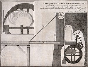 view Bridges: a drawbridge, details of the winding mechanism. Engraving.