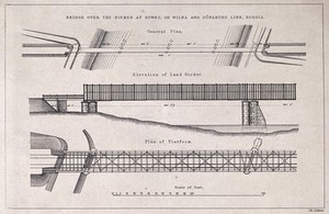 view Civil engineering: plan and elevation of the Kowno railway bridge, Russia. Lithograph by J. R. Jobbins.