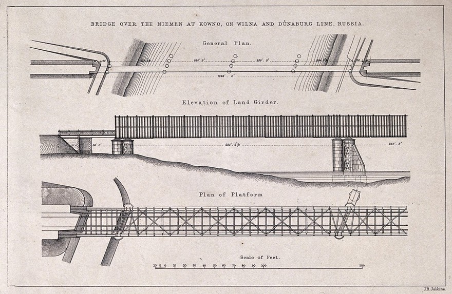 Civil engineering: plan and elevation of the Kowno railway bridge, Russia. Lithograph by J. R. Jobbins.