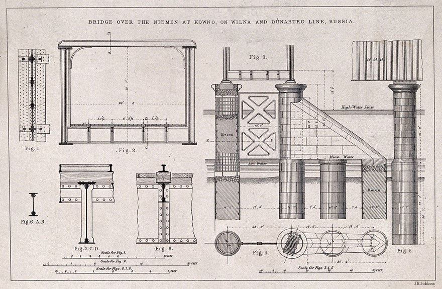 Civil engineering: railway bridges at Kaunas. Lithograph by J. R. Jobbins after F. H. Horne.