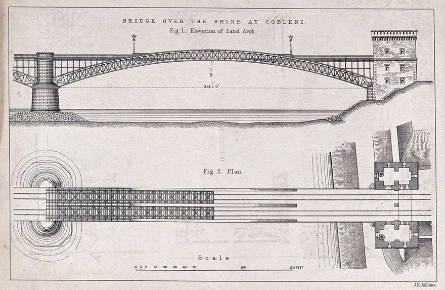 Civil engineering: plan and elevation of the Coblenz railway bridge, Germany. Lithograph by J. R. Jobbins.