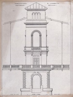 Civil engineering: one of the piers of the Hungerford Bridge, London. Lithograph.