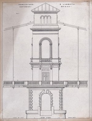 view Civil engineering: one of the piers of the Hungerford Bridge, London. Lithograph.