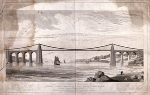 view Civil engineering: the Menai suspension bridge. Engraving by E. Turrell after W. A. Provis.