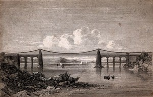 view Civil engineering: the Menai suspension bridge. Engraving.