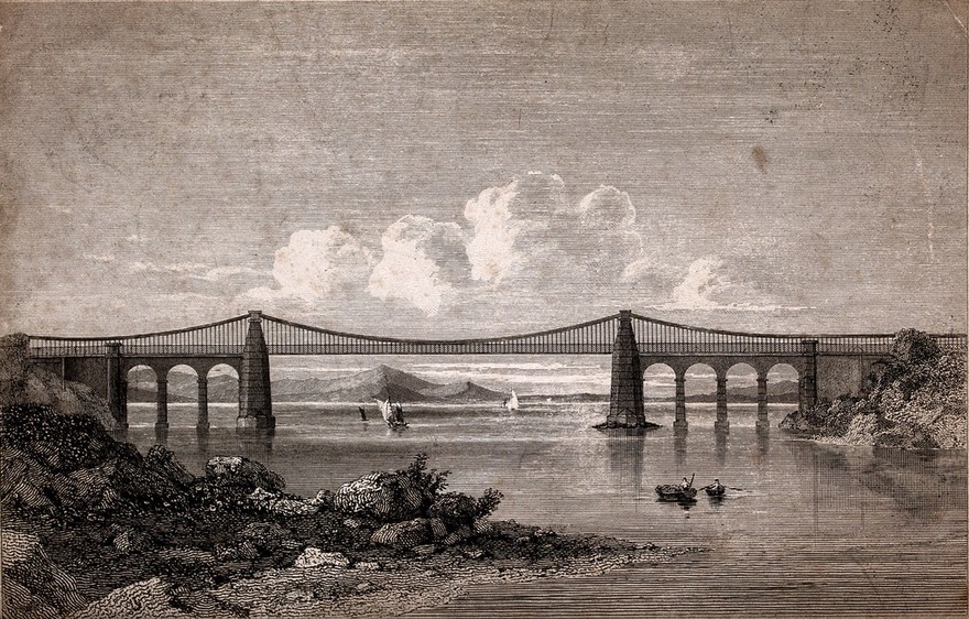 Civil engineering: the Menai suspension bridge. Engraving.