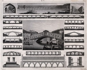 view Civil engineering: various bridges, ancient and modern, around Europe, the Ponte Vecchio, Venice, in the centre. Engraving by A. Krausse.