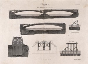 view Civil engineering: elevations and sections of bridges. Engraving by J. Davis, 1820, after R. Tredgold.