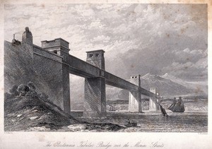 view Civil engineering: the Menai box girder bridge. Engraving by S. Bradshaw after G. Dodgson.