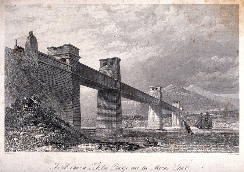 Civil engineering: the Menai box girder bridge. Engraving by S. Bradshaw after G. Dodgson., by George Haydock Dodgson