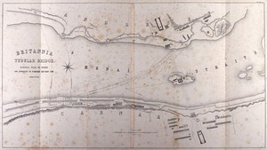 view Civil engineering: a chart of the Menai straits, showing the building of the box girder bridge. Lithograph after E. Clark, 1849.