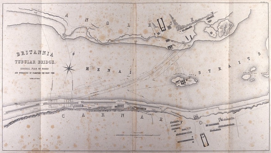 Civil engineering: a chart of the Menai straits, showing the building of the box girder bridge. Lithograph after E. Clark, 1849.
