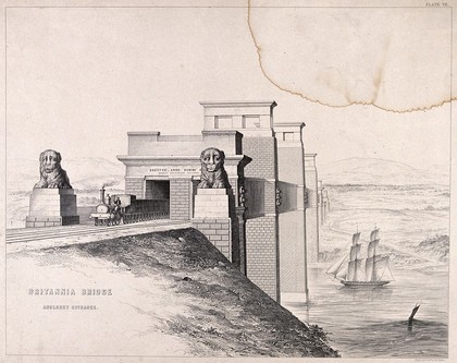 Civil engineering: the Menai box girder bridge, viewed from entrance level. Lithograph by Day & Son, 1849, after E. Clark.