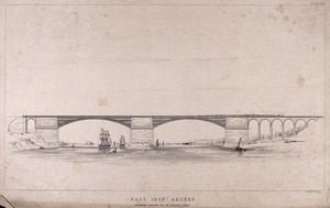 view Civil engineering: a cast iron bridge, proposed for the Menai Straits. Lithograph, 1849, after E. Clark.