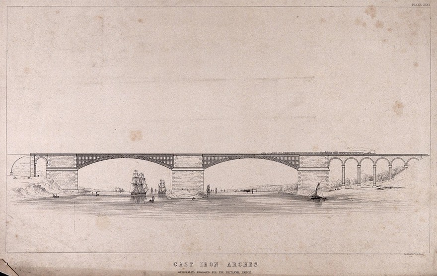 Civil engineering: a cast iron bridge, proposed for the Menai Straits. Lithograph, 1849, after E. Clark.