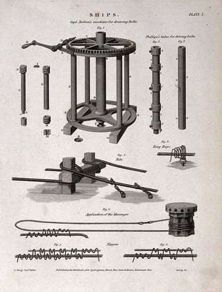 Ship-building: ropes, a windlass, and a capstan. Engraving.