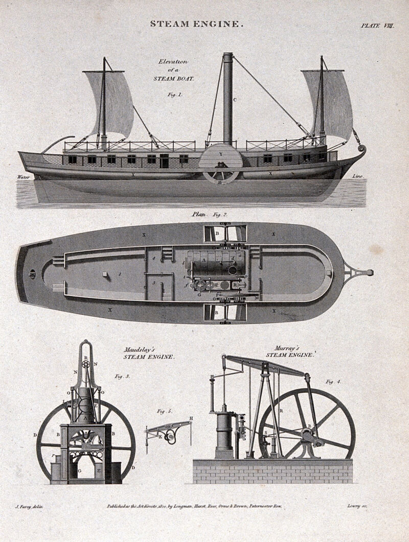 Shipbuilding plan and side elevation of a paddlesteamer (top), and