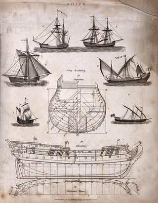 Ship-building: six kinds of ship (top), the hull of a ship of the line (centre and below). Engraving, 1806.