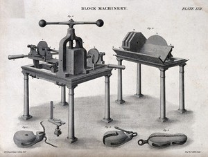 view Ship-building: three-quarter view of the Brunel machine for block production. Engraving by J. Moffat after J. Farey.