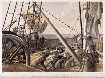 Laying a cable on the Atlantic seabed: the crew of the Great Eastern launching a buoy in an attempt to retrieve a lost cable. Coloured lithograph by E. Walker, 1866, after R.C. Dudley.